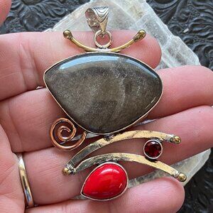 Funky Garnet Red Coral and Silver Sheen Obsidian Crystal Stone Jewelry Pendant